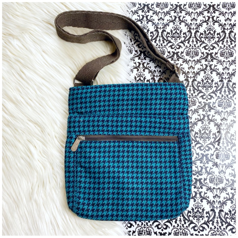 Thirty-One casual preppy teal blue houndstooth print crossbody bag shoulder bag
